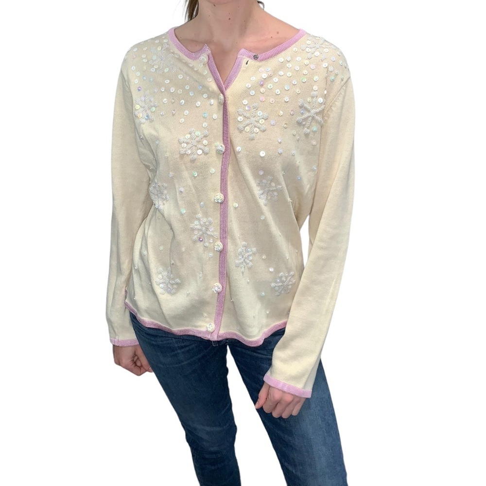 Storybook Knits Sequin‎ Embroidered Snowflake Cardigan Sweater